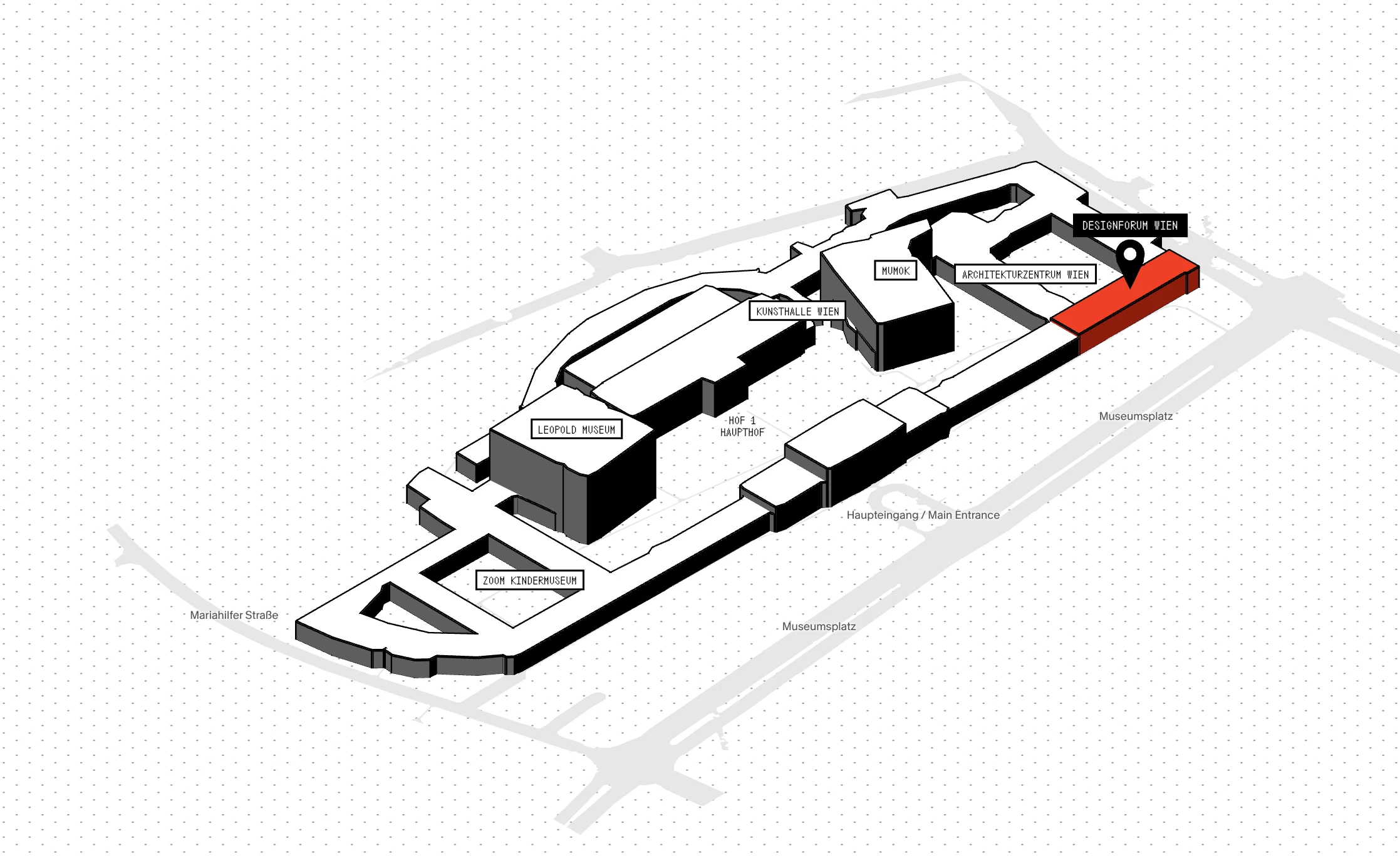 3D-Lageplan des MuseumsQuartier Wien. Das designforum Wien ist rot markiert, im Hof 7 an der Burggasse, rechts oben im Plan.